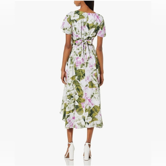 Tahari By Arthur S Levine Floral High Low Midi Dress Sz 12 Pleated Side Pockets - Picture 2 of 16